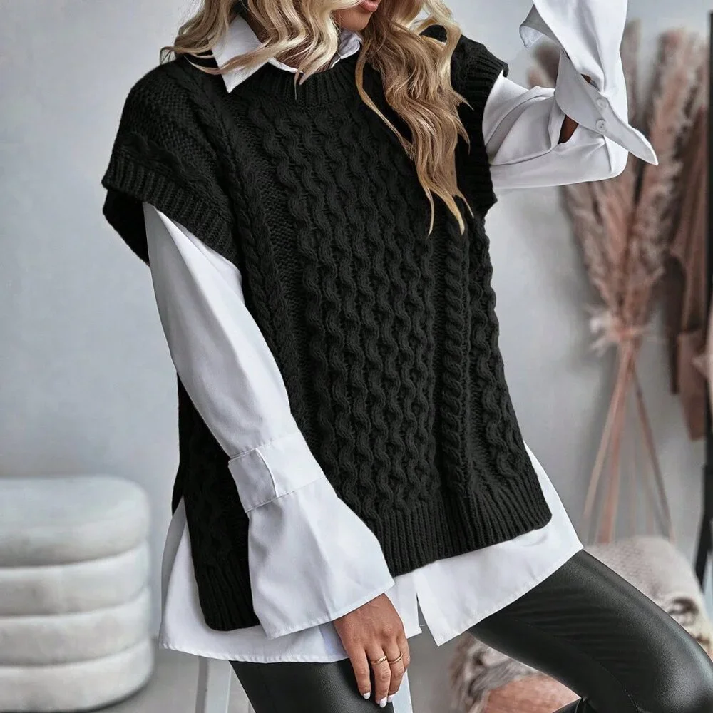 Black Casual Women's Cable Knitted Sleeveless Sweater Vest